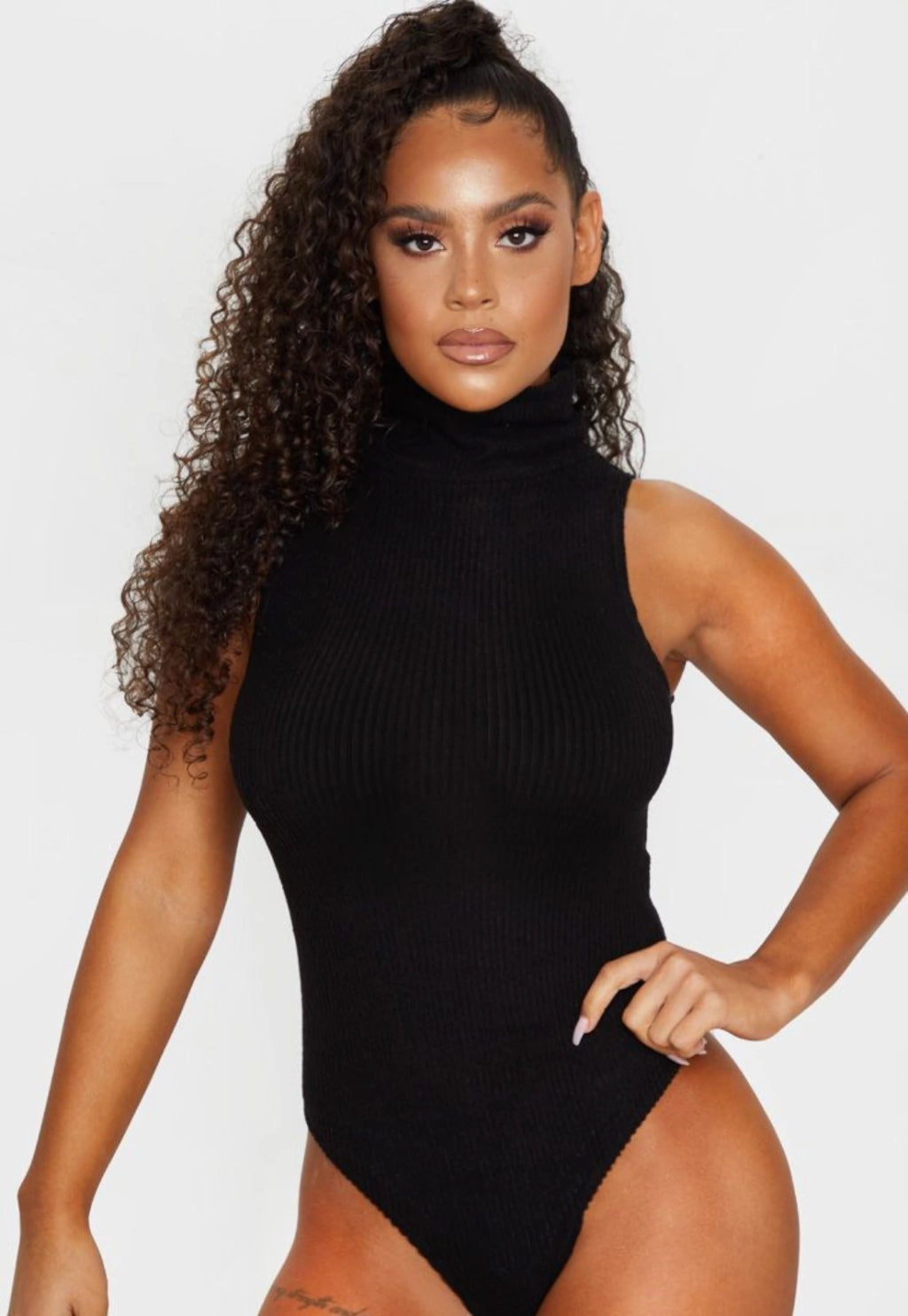 Body Canelado Gola Alta sem Mangas