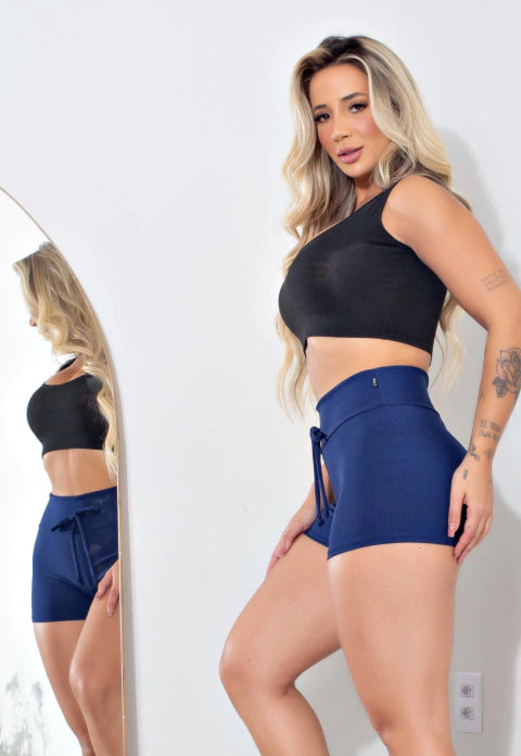 Short Fitness Cadarço Fake Azul Marinho