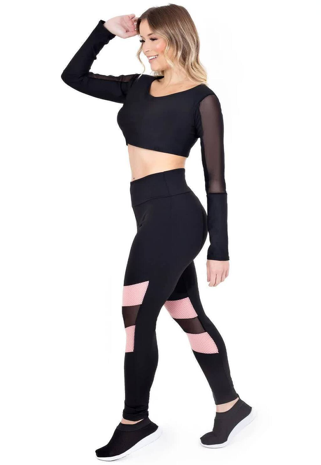 Conjunto Cropped Manga Longa Tule e Calça Legging