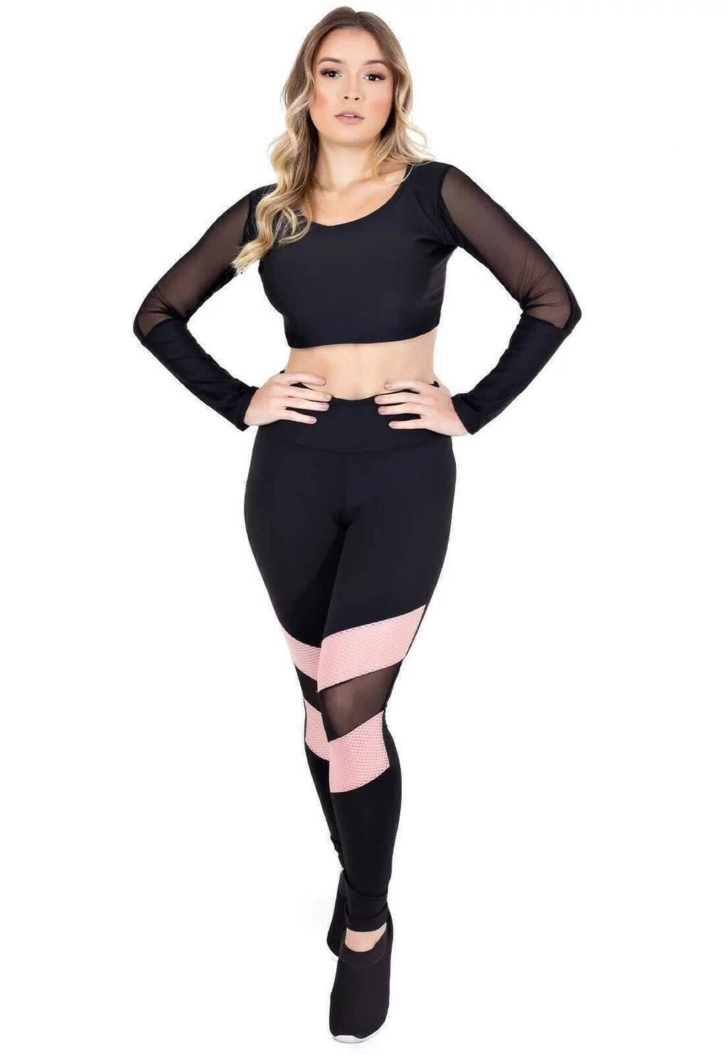 Conjunto Cropped Manga Longa Tule e Calça Legging