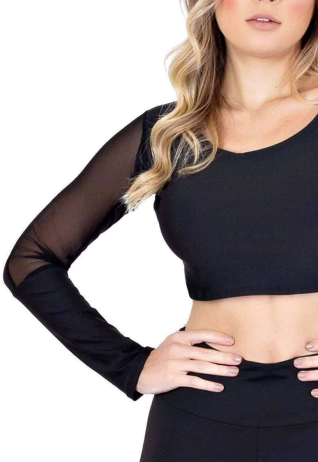 Conjunto Cropped Manga Longa Tule e Calça Legging