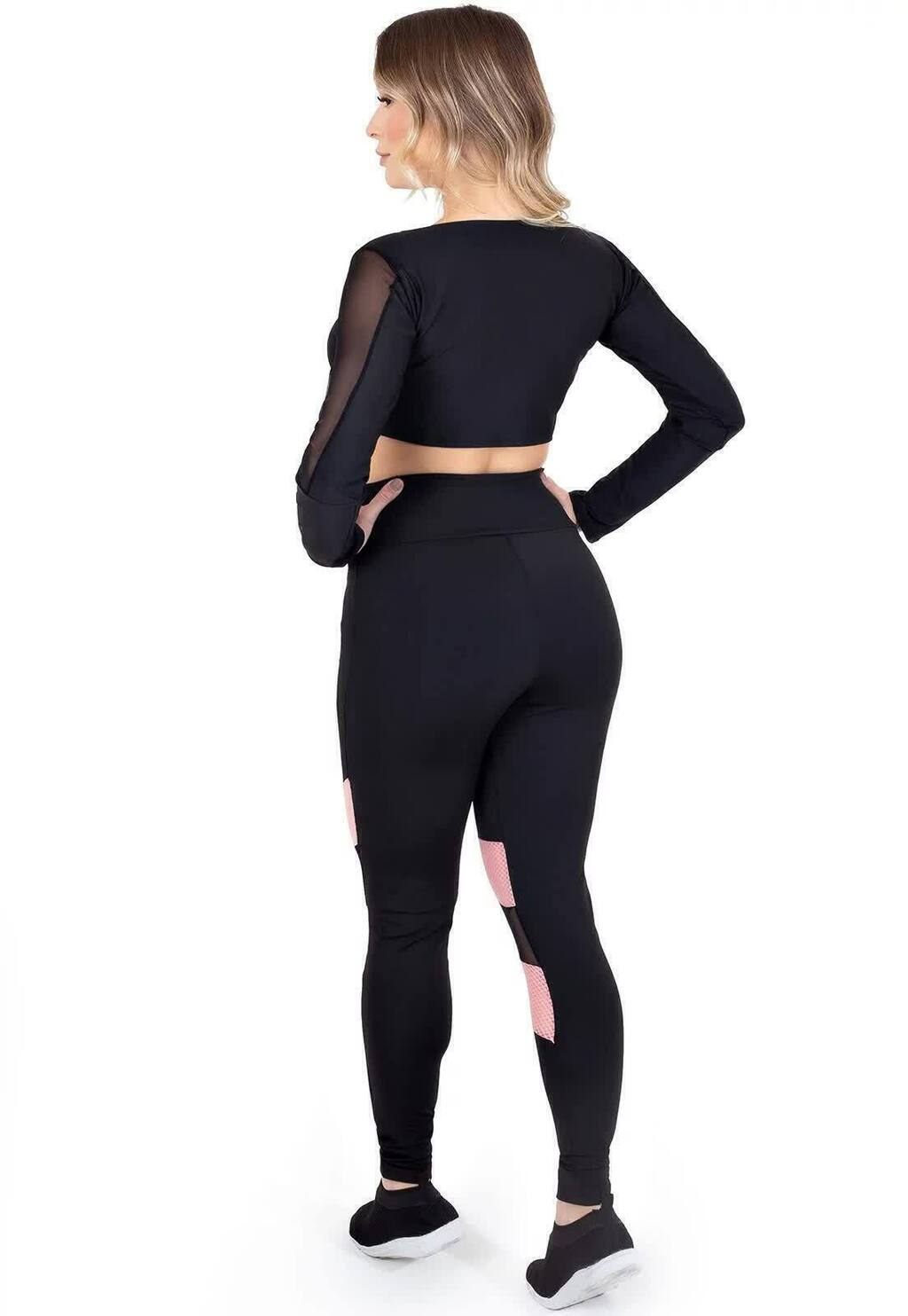 Conjunto Cropped Manga Longa Tule e Calça Legging