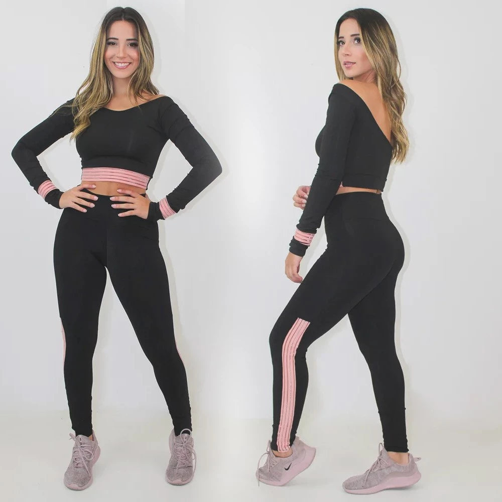 Conjunto Cropped e Calça Legging C/detalhes rosa