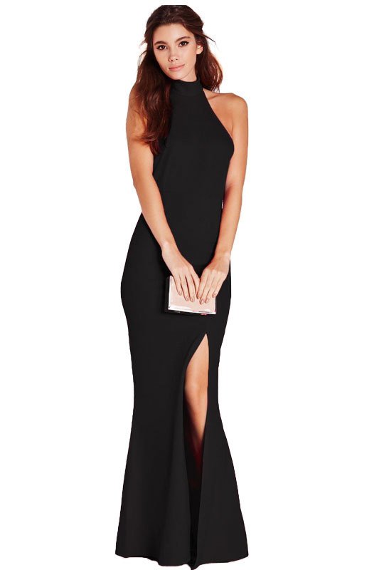 Vestido Fenda Gola Alta Social