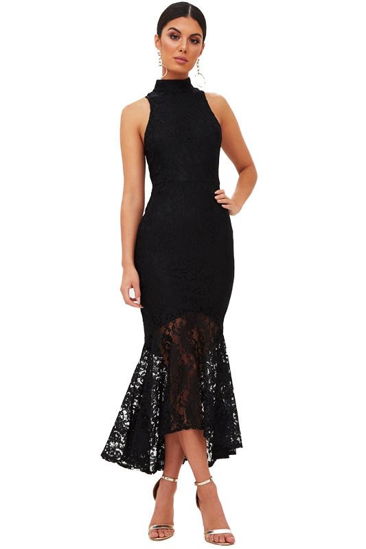 Vestido Renda Gola Alta Midi Preto