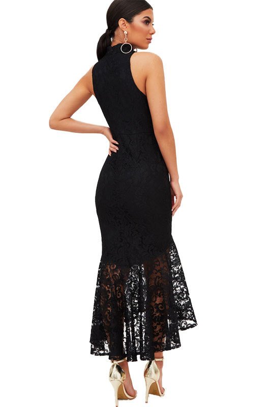 Vestido Renda Gola Alta Midi Preto