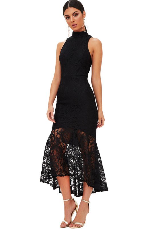 Vestido Renda Gola Alta Midi Preto