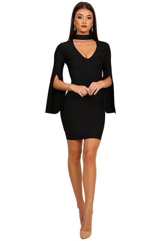 Vestido Decotado Manga Flare