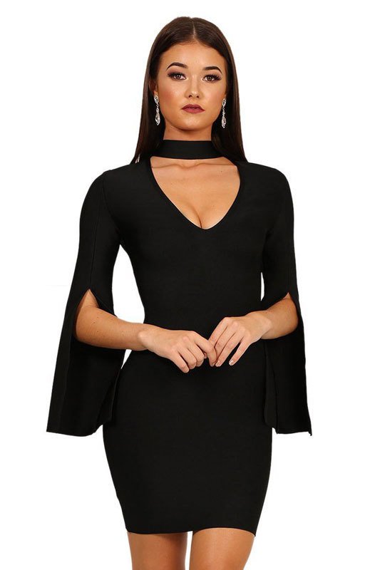 Vestido Decotado Manga Flare