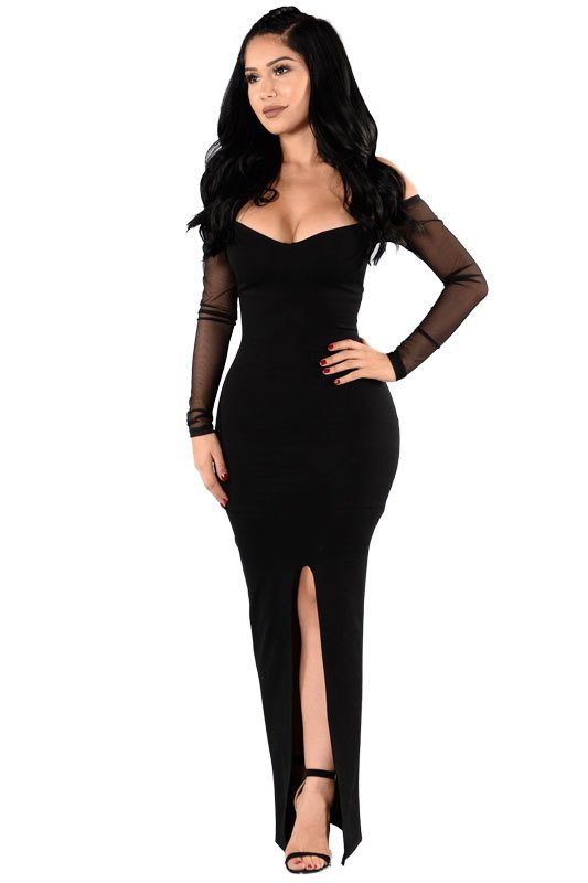 Vestido Fenda Manga Longa Tule