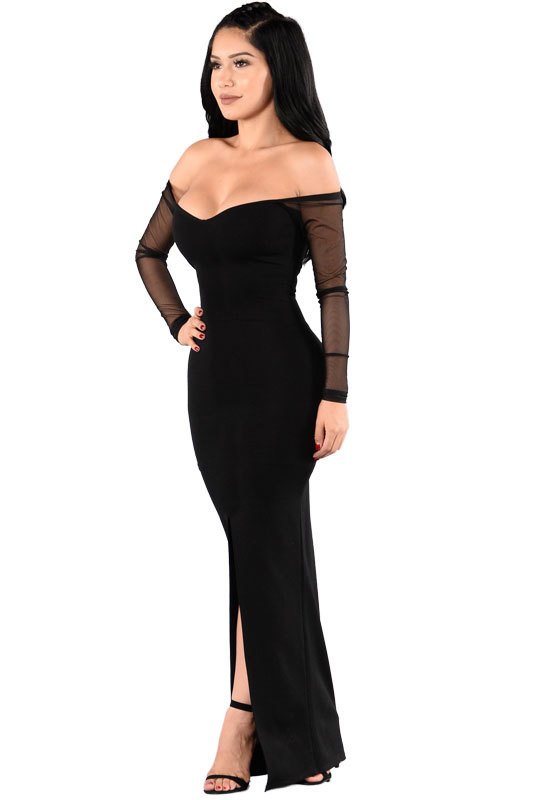 Vestido Fenda Manga Longa Tule