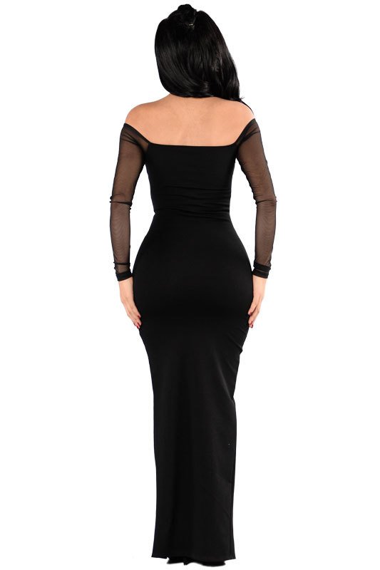 Vestido Fenda Manga Longa Tule